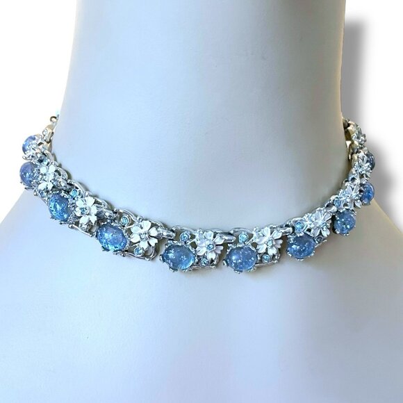 Vintage 1950s Choker Necklace Blue Rhinestone Confetti Lucite Floral Enamel READ - Picture 12 of 16